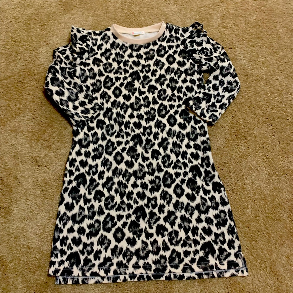 Crewcuts Leopard Print Soft Sweatshirt Dress, with ruffled shoulders. Size 8.